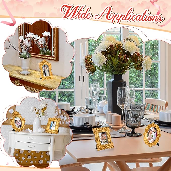 Maitys 50 Pcs Mini Picture Vintage Frames with Stands Tiny Antique Photo Baroque Ornate Resin Oval Frame Table Top Display Home Wedding Decor (Gold)