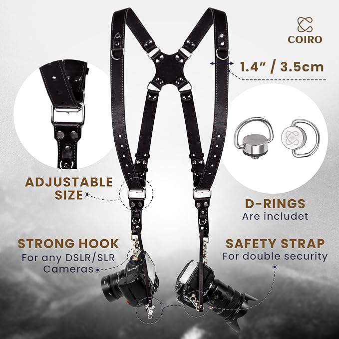 C Coiro Camera Harness for 2 Cameras Dual Shoulder Leather Camera Strap for DSLR/SLR, Camera Straps for Photographers