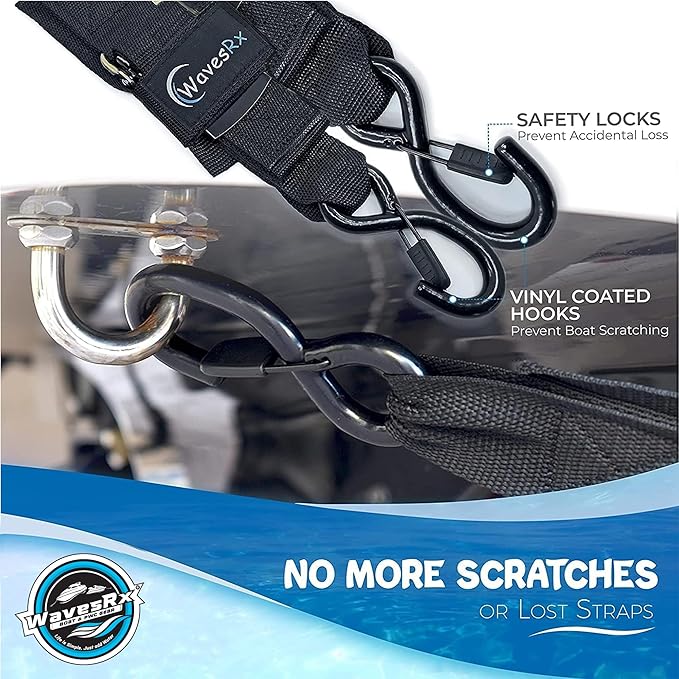 WavesRx Premium Boat & Jet Ski Trailer Transom Straps - Marine Tie Downs - Adjustable via Quick Release Buckle - Must Have Boating Accessories for Safe and Secure Transportation of Your Watercraft