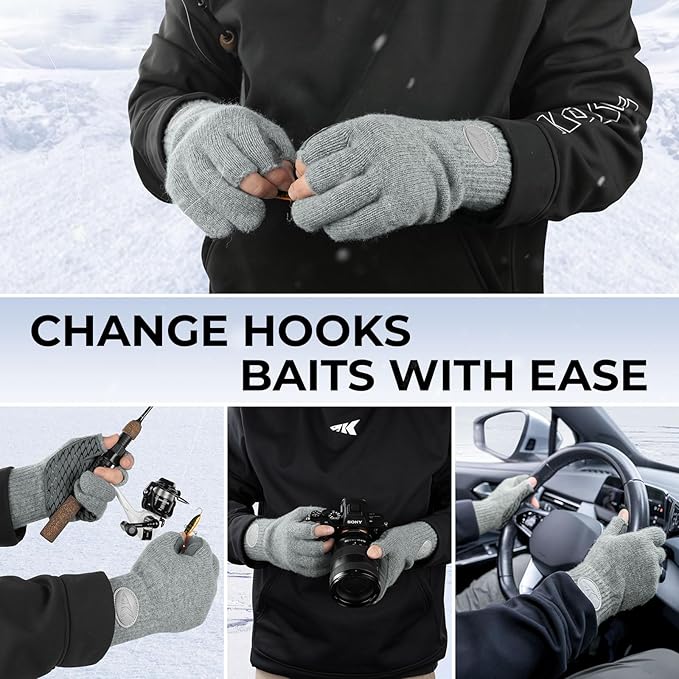 KastKing Bully Wooly 3-Cut Fingerless Wool Fishing Gloves, Cold Weather Warm Winter Gloves for Men & Women, Ice Fishing