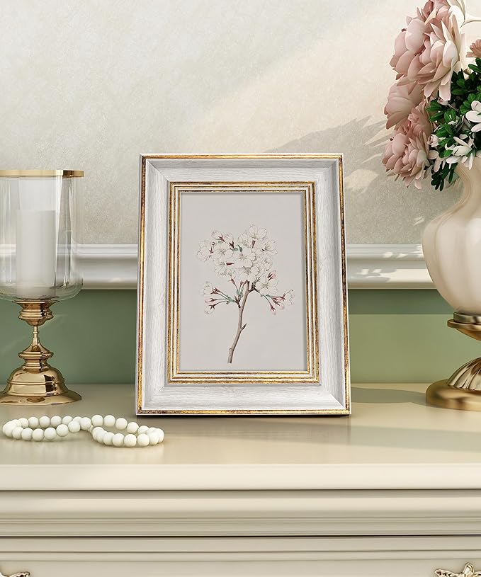 Afuly 5x7 Picture Frame Antique Vintage Photo Frame Retro White Gold Picture Frames for Desk Standing Wall Hanging Home Decor Wedding Gifts Birthday Gift for Grandma Mom
