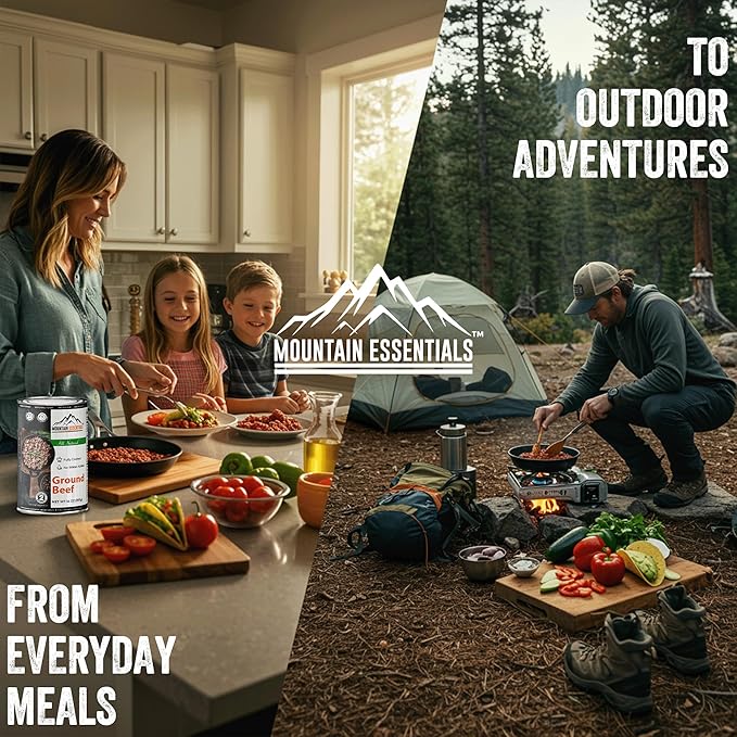 MOUNTAIN ESSENTIALS Ground Beef 14 Oz Fully Cooked Ready to Eat Hamburger Meat Emergency Survival Bulk Food Storage Canned Meat Perfect for Quick Meals 5 Years Shelf Life Made in USA Pack of 24