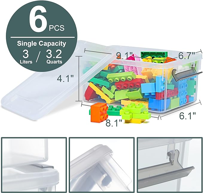Citylife 6 Packs Small Storage Bins with Lids 3.2 QT Plastic Storage Containers for Organizing Stackable Clear Storage Boxes