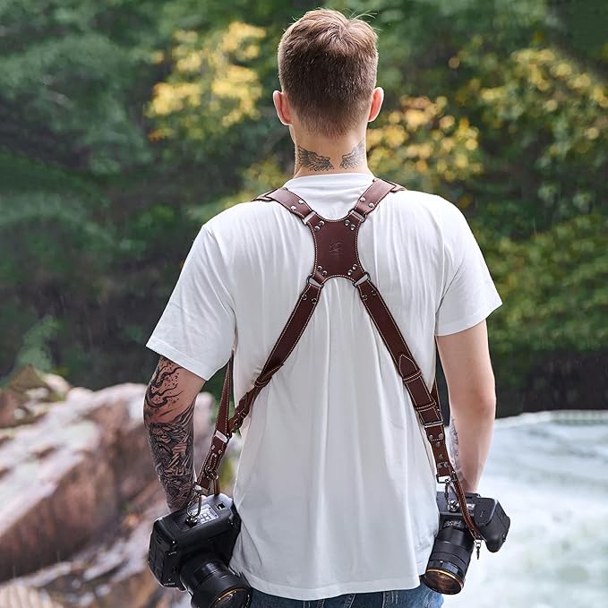 Padwa Lifestyle Brown Dual Camera Harness for Two Cameras - Wide Strap with Thick Shoulder Padded,Full Grain Leather Double Harness,Multi Camera Gear for DSLR Strap for Photographers
