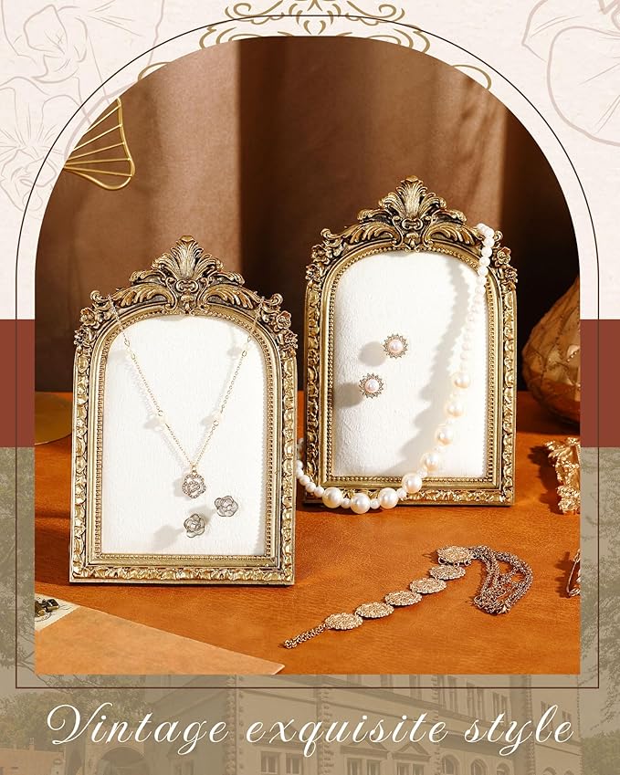 2 Pcs Gold Jewelry Display Stand Vintage Necklace Organizer Ring Holder Earring Tray Resin Jewelry Photography Props Frame with Velvet Backing for Gifts(White,Small,Elegant)
