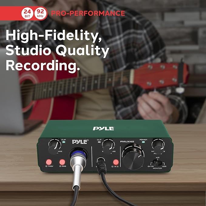 Pyle USB Audio Interface for Recording Music, Podcasting, and Streaming – 2-IN/2-OUT, 24bit/192kHz, Low-Noise, High-Fidelity Studio Quality, USB Powered, Rugged Metal Chassis, 5.9" x 4" x 1.8"