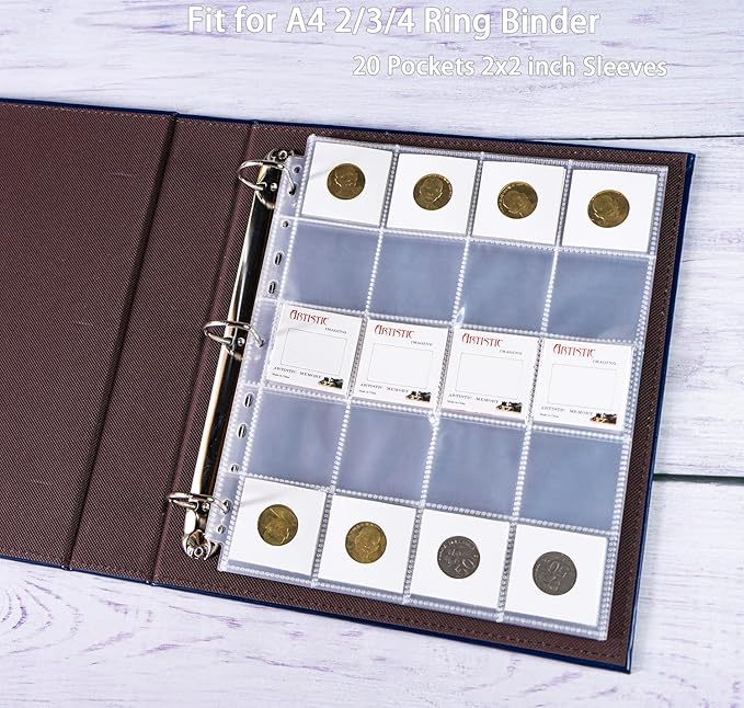 30 Pack 600 Pockets 2x2” Coin Flip Sleeves, Heavy Duty Stamp Collection Pages for 3 Ring Binder, 20 Pocket Photo Slide Flips Organizer Sheet, Top Loading Clear Cardboard Coin Holder Sleeves
