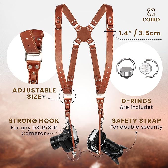 C Coiro Camera Harness for 2 Cameras Dual Shoulder Leather Camera Strap for DSLR/SLR, Camera Straps for Photographers