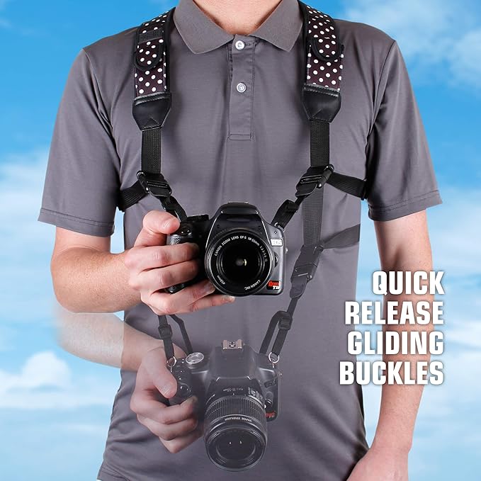 USA Gear DSLR Camera Strap Chest Harness with Quick Release Buckles, Polka Dot Neoprene Pattern and Accessory Pockets - Compatible with Canon, Nikon, Sony Point and Shoot and Mirrorless Cameras