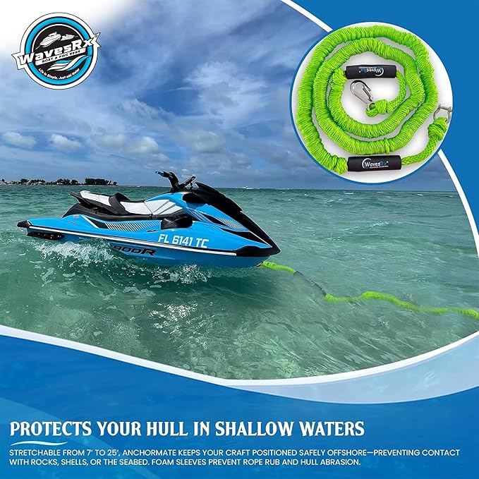WAVESRX AnchorMate Bungee Line | Boat Bungee Dock Lines for Boats, PWCs & Kayaks | Absorbs Shock from Swells & Wind, Prevents Anchor Dislodging | Perfect for Anchoring, Mooring & Tethering