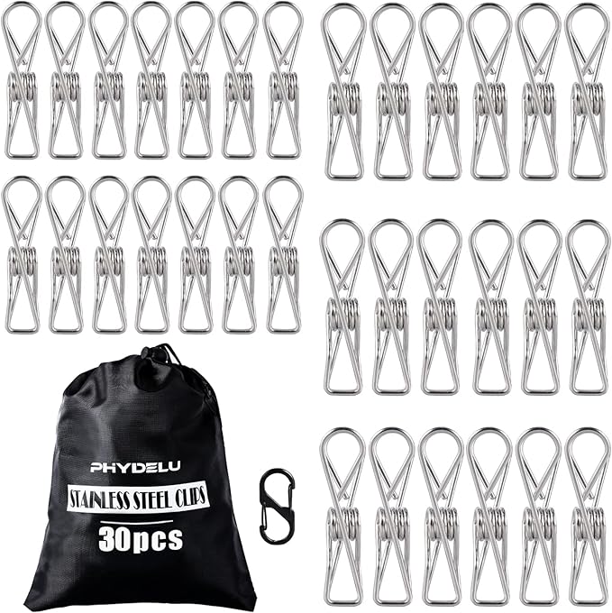 (30PCS) Stainless Steel Laundry Clothes Pins Heavy Duty Outdoor, Clothespins for Hanging, Metal Clips, Metal Clothes pins, Snack Bag Chip Clips for Food Packages, Close pins