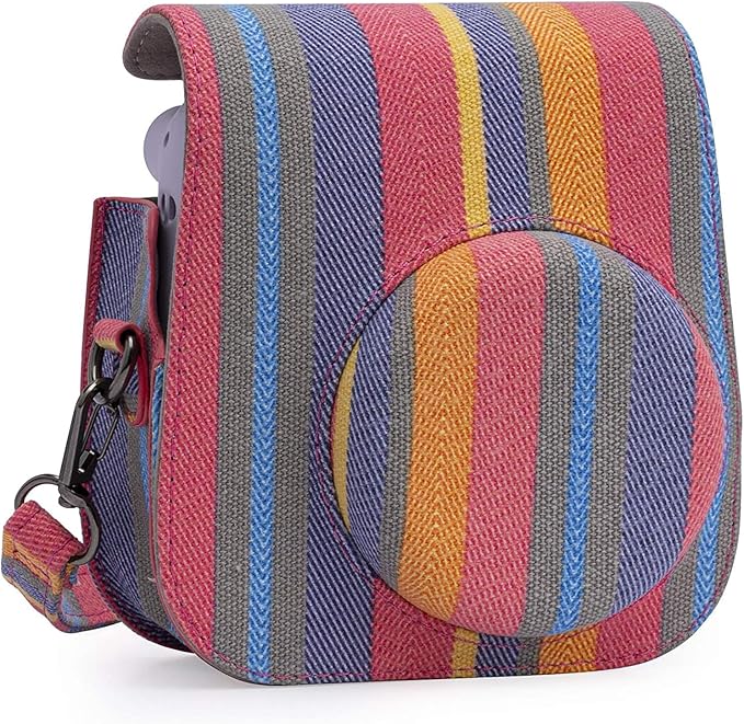 Frankmate Protective Case Fit for Fujifilm Instax Mini 12 11 9 8 Camera, PU Leather Camera Bag with Pocket and Adjustable Shoulder Strap (Color Stripes)