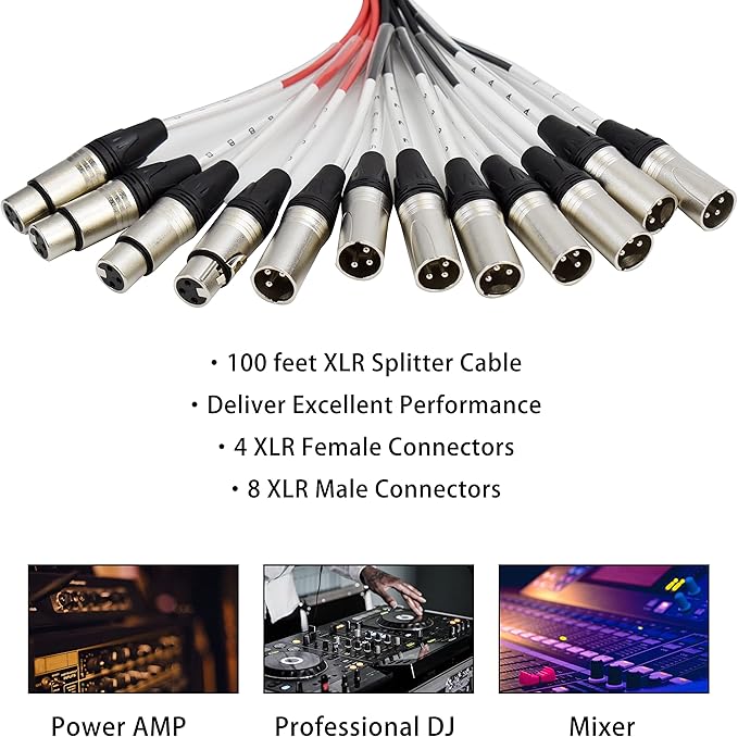 PRORECK 8-Channel Low Profile XLR Send Circuit Board Snake Cables, XLR Splitter Cable for Live, Recording, Stage, Studio, 100 Feet Long