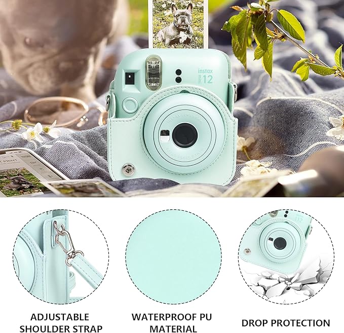 CAIYOULE Camera Case for Fujifilm Instax Mini 12 Instant Film Camera, Retro Leather Protective Camera Crossbody Bag for Fuji Mini 12 with Photo Album, Adjustable Shoulder Strap, Mint Gree-No Camera