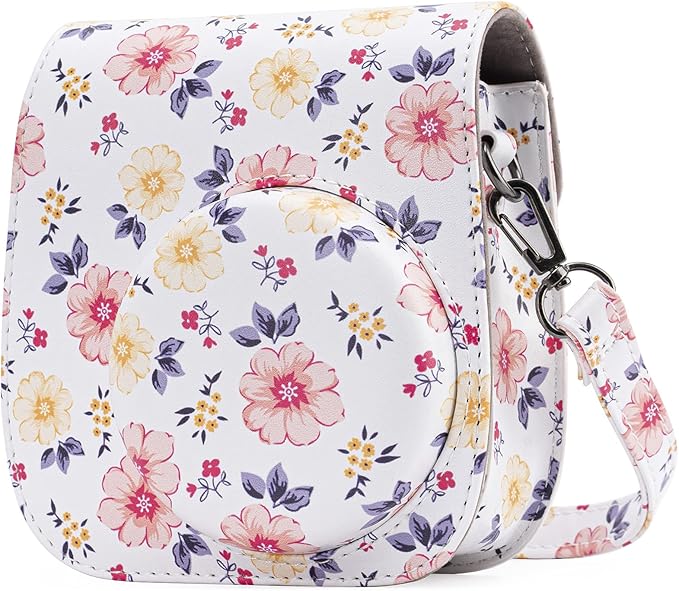 Frankmate Protective Case Compatible with Fujifilm Instax Mini 12 11 9 8 Instant Film Camera with Pocket and Adjustable Strap (Flowers White)