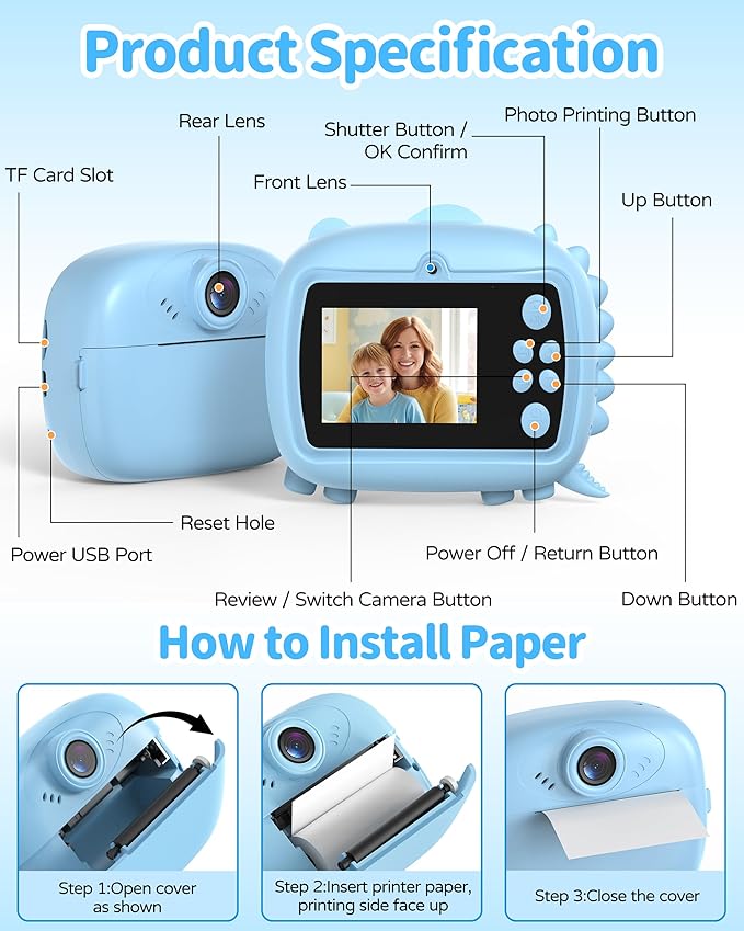 Kids Camera Instant Print, 1080P Digital Camera for Kids with 32GB SD Card, Toddler Boy Toys Birthday Festival Gifts for Boys Age 3-10, Portable Travel Toys for 3 4 5 6 7 8 9 10 Year Old Boys
