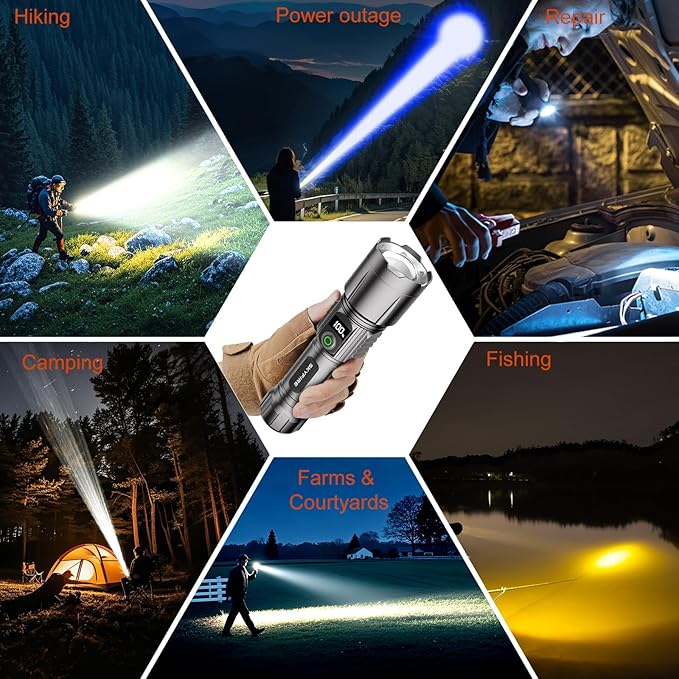 SKYFIRE Rechargeable Flashlights High Lumens with Ignition Lens&White Yellow Blue Light,5000mAh Super Bright Flashlight with 5 Modes& Zoomable,Tactical LED Flash Light for Outdoor,Home& Gift