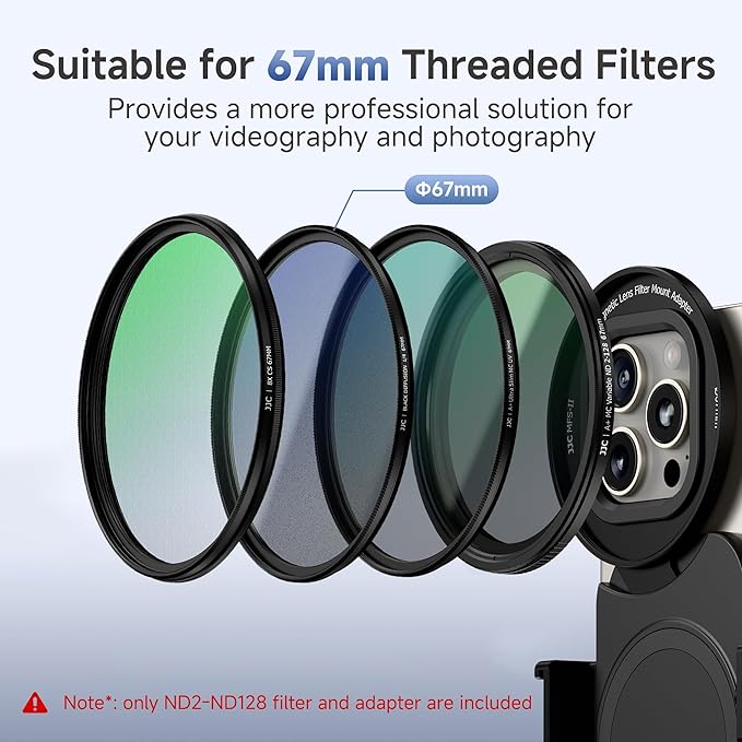 JJC 67mm ND Filter for iPhone, Magnetic Lens Filter Adapter with ND2-128 Variable ND Filter Compatible with iPhone 16 15 14 Pro Max Plus with 1/4” Screw & Shoe Mount for Vlogging Video Recording