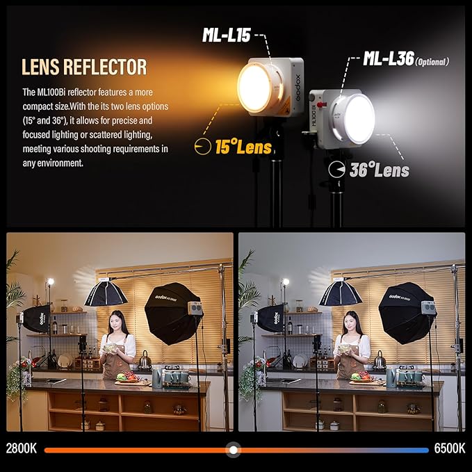 Godox ML100Bi Bi-Color LED Video Light, godox Mount COB LED Video Light 34300 Lux CRI 97+/TLCI 98+ 2800K-6500K 11 FX Effects for Filming Live Streaming Studio Photography
