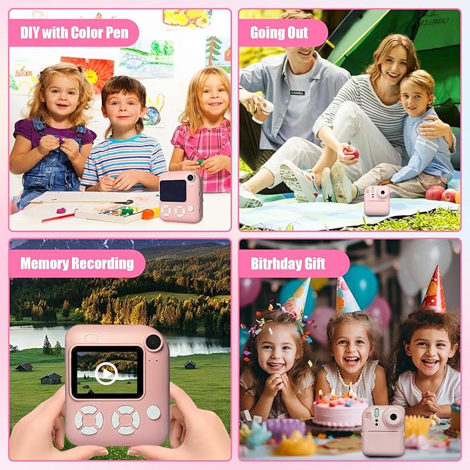 Instant Print Camera for Kids, Christmas Birthday Gifts for Kids Ages 3-12, 16X Zoom,1080P Vedio Selfie Digital Camera,Toddler Portable Toy for Girls and Boys with 32GB TF Card (Pink)