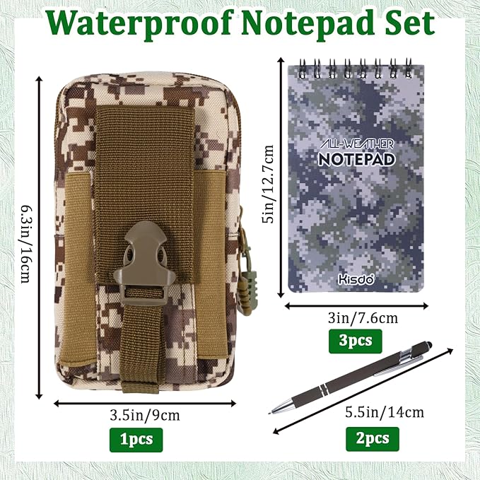 6 Pcs Waterproof Notebook Set, Write in The Rain Notebook, All Weather Notebook, Police Notepad, Field Notes Notebooks, 3 × 5" Pocket Notebook with Pen and Cover for Outdoor Activities Recording (Camouflage khaki)