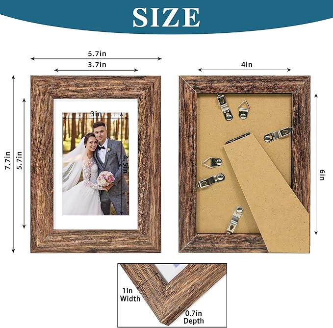 4x6 Picture Frame Set of 4, with Real Glass and Rustic Brown Wooden Frame, 4 by 6 Photo for Wall or Tabletop - Display Picture 3.5x5 with Mat or 4x6 Without Mat