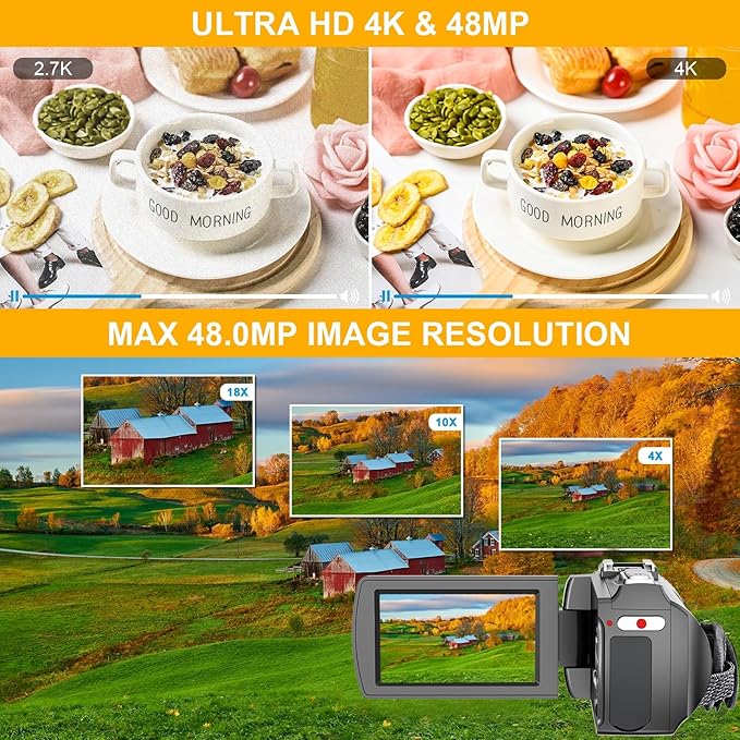 4K Video Camera Camcorder - 48MP 30FPS with Wireless Lavalier Mic & External Mic | 3" Ultra HD Screen, 18X Digital Zoom | Vlogging/YouTube Recorder + 32GB SD Card Included