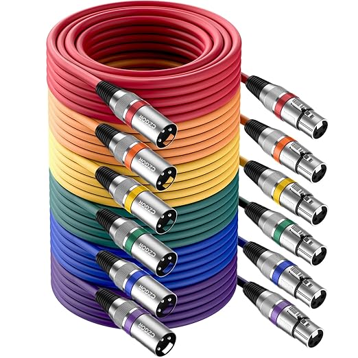 XLR Cables 25 ft 6 Pack, 3-Pin XLR Microphone Male to Female Cable, Compatible with Microphones, Mic Mixer, Speakers and More, Multi-Color 25 Feet