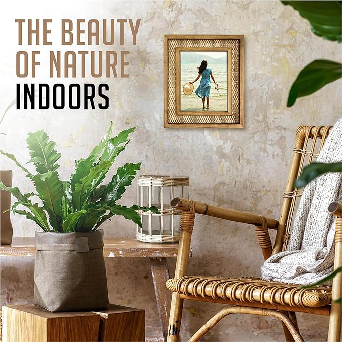 Rattan Picture Frame for 8x10 Photos – Natural Fir Wood with Woven Rattan Mat, Boho Coastal Decorative Frame, Vertical/Horizontal Display, Tabletop or Wall Mount (12.5" x 14.5" Outer Size)