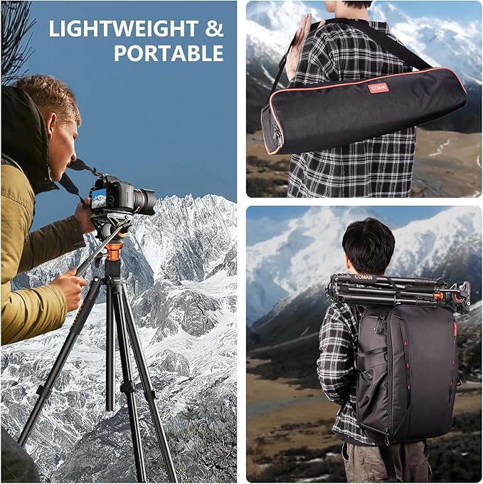 COMAN 73" Camera Tripod with Fluid Head, Lightweight Portable Tripod for Camera with Detachable Monopod Aluminium Alloy and QR Plate for DJI Canon Nikon Sony DSLR Camera Black Max Load 22.04lb(FF06S)