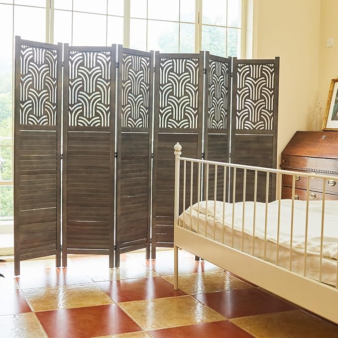 Folding Room Divider, 66.9 Inch 6 Panels Wood Carved Privacy Screens, Free Assembled Freestanding Portable Separation Wall for Home Office Restaurant Bedroom (Gray)