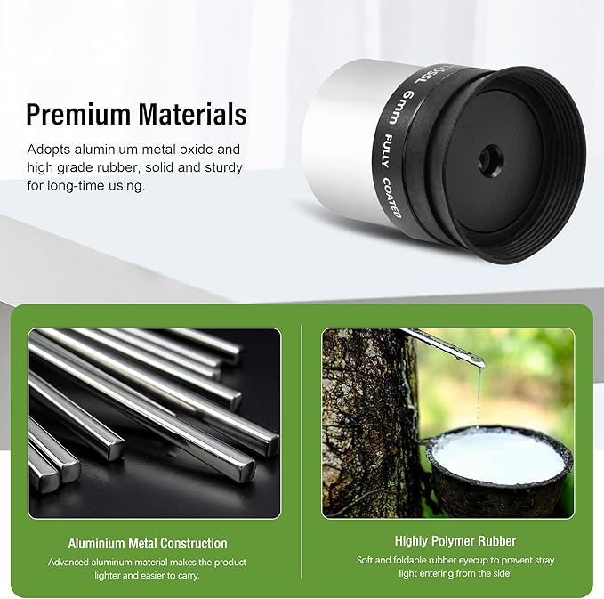 Astromania Telescope Eyepiece 6mm Plossl, 1.25 Inch Telescope Accessory Eyepiece Fully Multi Coated 4-Element Plossl Design, Metal 50 Degree Apparent Field of View for Astronomy Telescopes & Filters