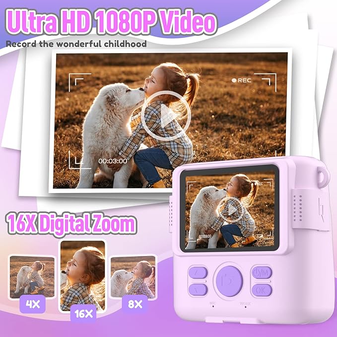 Instant Print Camera for Kids, Christmas Birthday Gifts for Girls Boys Age 3-12,Kids Digital Cameras for Toddler, Portable Toy for 3 4 5 6 7 8 9 10 Year Old Girl with 32GB SD Card-Purple