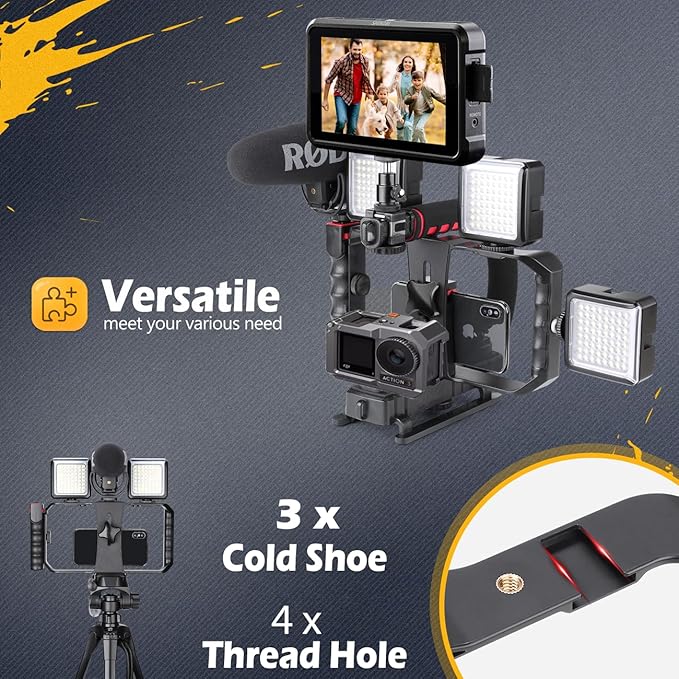 Zeadio Camera Stabilizer Kits, with Smartphone Video Cage Rig and LED Video Light for All Camera Action Camera DSLR Smartphone