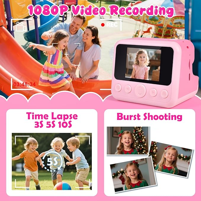 Kids Instant Print Camera with Carrying Bag, 1080P HD Girl Camera with 4 Print Paper Rolls, Color Pens & 32GB Card, Christmas Birthday Gifts Kids Girl Toys for 3-12 Years Old (Pink)