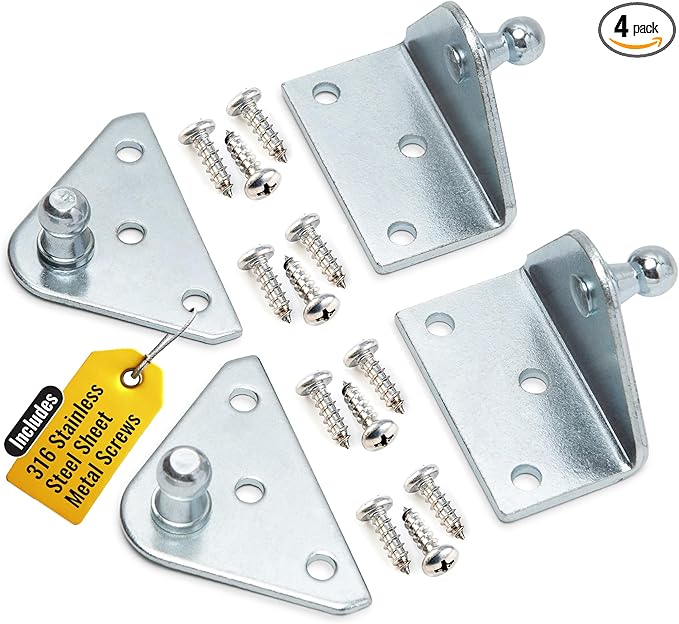 10MM Ball Stud Mounting Silver Bracket for Gas Struts - Heavy Duty Lift Support Shock Brackets with Stainless Steel Screws - for Spring Hood Struts & Closer Piston Prop Mounts - x2 Flat x2 Angled