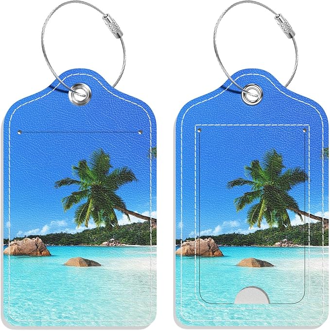 Luggage Tags for Suitcase, 2 Pack PU Leather Travel Cruise Luggage Tag with Privacy Flap, Name ID Label and Metal Loop for Women Men Girls Suitcase Baggage Bag Backpack Instrument, Happy Beach