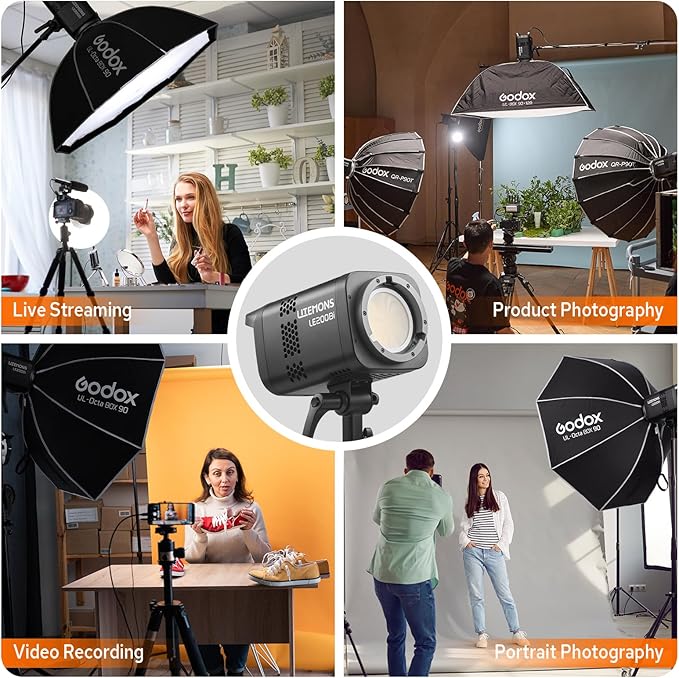 Godox LE200Bi 220W Bicolor LED Video Light, Pro LED Continuous Output Light Bowens Mount, 2800K~6500K, CRI 98, 57700lux@1m, Portable LED Studio Light for Photography Video Recording Live Streaming