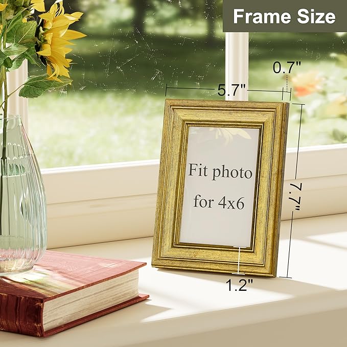 Vittanly 4x6 Picture Frame Set of 4, Vintage Photo Frame for Wall or Tabletop, Display 4x6 Pictures, Rustic Farmhouse Home Decor, Gold