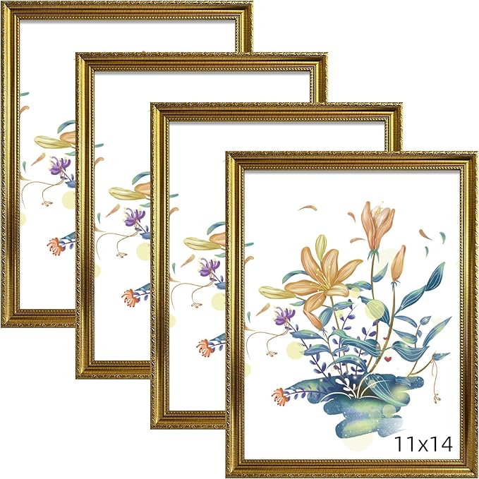 BESCRCL 11x14 Picture Frame Gold, Frames 11 x 14 with Shatterproof Crystal Acrylic for Wall Gallery, 4 Pack