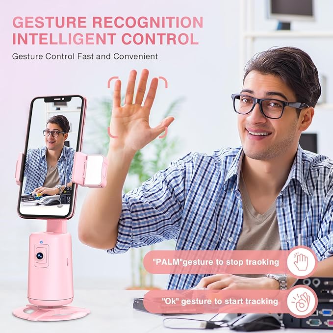 Auto Face Tracking Tripod 360° Rotating Cell Phone Photo and Video Kits Stand, No App, Camera Stand with Remote and Gesture Control, Rechargeable Smart Shooting Stand for Live Recording Tiktok（Pink）