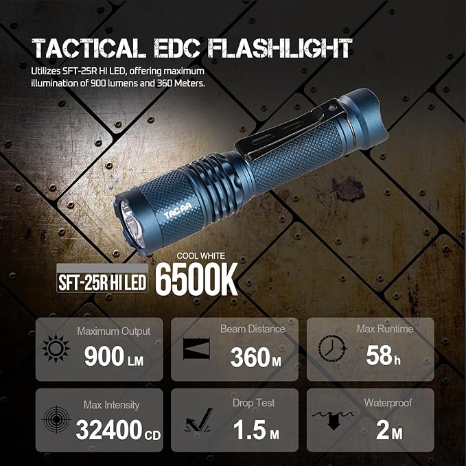 ACEBEAM TAC AA 2.0 Longest-Range AA Flashlight 360 Meters, 900 High Lumens Tactical EDC Flashlight Rechargeable, 6 Modes Pocket LED Super Bright Small Mini Flashlight for Camping, Home(SFT-25R HI)