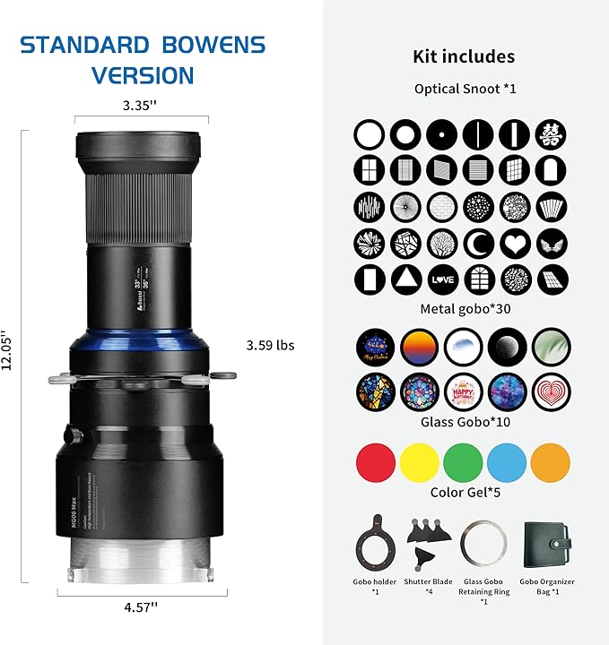Bussi MG06 Max Optical Bowens Mount Snoot with 40 Gobos, 36° Lens Optical Snoot Spotlight for Photography Video Shape Light Studio,GOBO Light (Standard Bowens Mount)