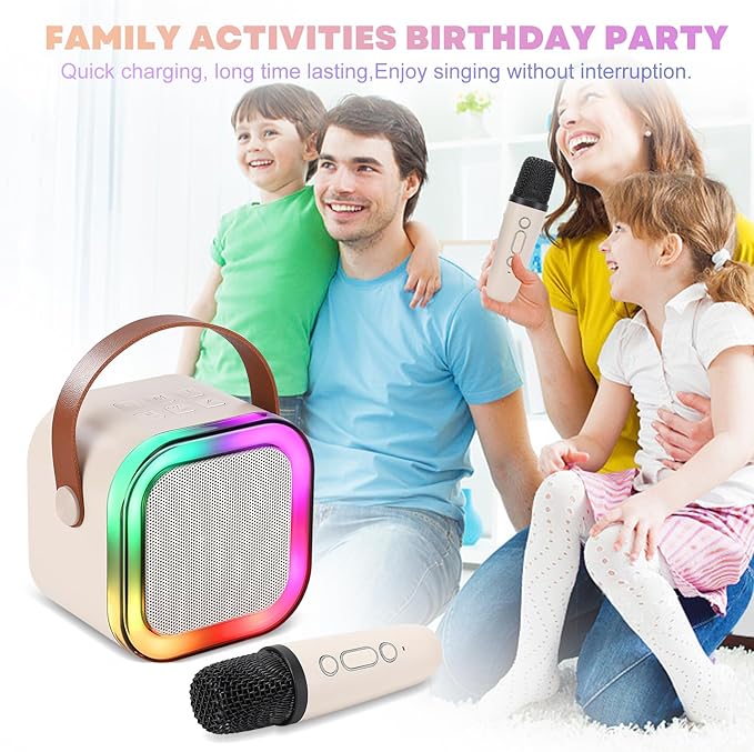 Mini Karaoke Machine, Portable Bluetooth Karaoke Speaker with 2 Wireless Microphones and Light for Family Home Party,Toys for Girls Boys Friends Age 3-12+ Kids and Adults Birthday Gifts. (Beige)