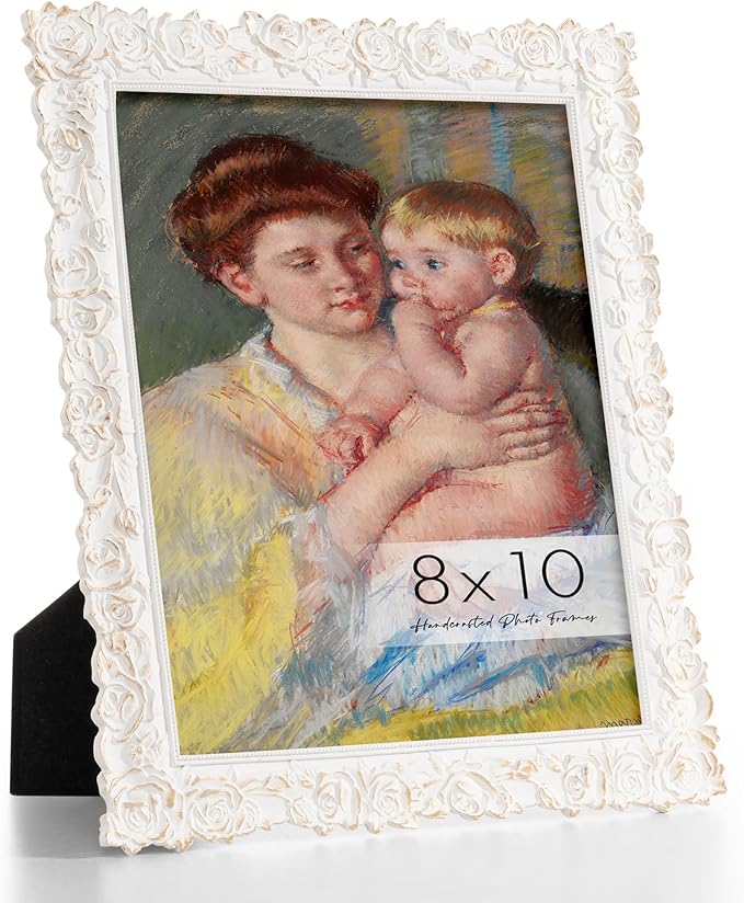 Axeman 8x10 Antique Picture Frame | Vintage 8 x 10 Picture Frame with Real Glass | Ornate Rose 8x10 Frame for Wall & Tabletop Display | Retro 8 x 10 Frame - White Gold
