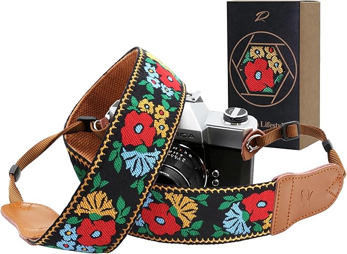 Padwa Lifestyle Camera Strap - Double Layer Cowhide Ends,2" Cotton Embroidered Vintage Camera Straps, Adjustable Neck & Shoulder Strap for All DSLR Cameras,Great Gift for Photographers -Spring Flowers