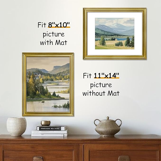 VIOLABBEY 11x14 Picture Frame Gold, Photo Frames, Fits Pictures 8x10 with Mat or 11 x 14 without Mat, Display for Tabletop and Wall