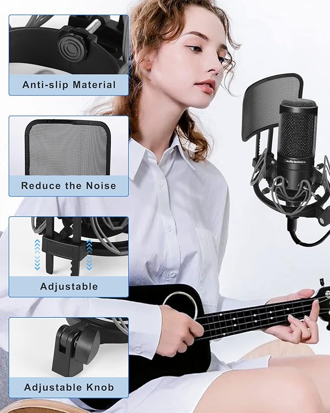 Universal Microphone Shock Mount with Pop Filter for Condenser Microphones Size at 21-62mm Anti-Vibration Mic Holder Clip(Black)
