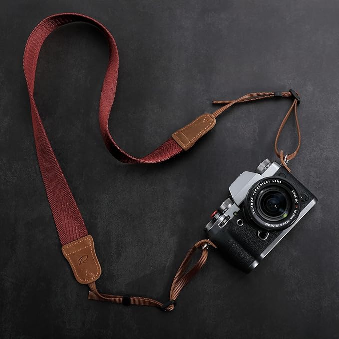 Padwa Lifestyle Burgundy Red Camera Strap -1.5" Wide Crazy Horse Cowhide Ends Camera Straps for All DSLR Cameras,Universal Adjustable Pure Cotton Woven Shoulder Neck Strap,Great Gift for Photographers