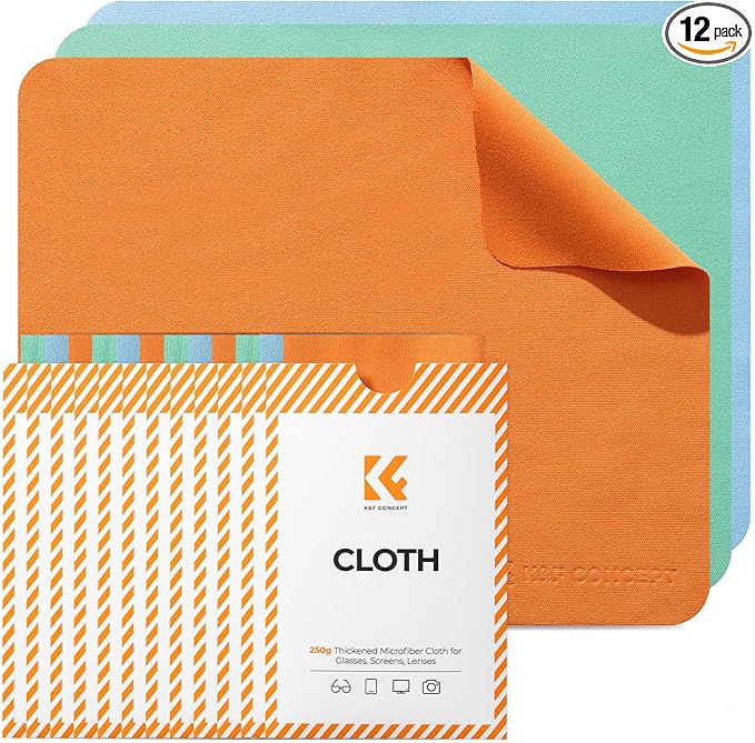 K&F CONCEPT 12 Pack Lens Cleaning Cloth | Microfiber Cleaning Cloth | Glasses Cleaning Cloths | Eyeglass Lens Cleaner | Eyeglasses, Camera Lens, VR/AR Headset Screen Cleaning | Orange & Green & Blue